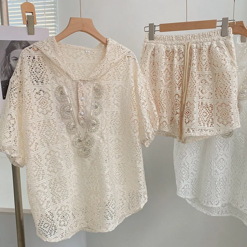 

Hollow Lace Hooded Women Pajama Set Loose Women Shorts Sets Long Sleeve Casual Party 2 Pcs Outfits Outfits Femme Suit Summer New