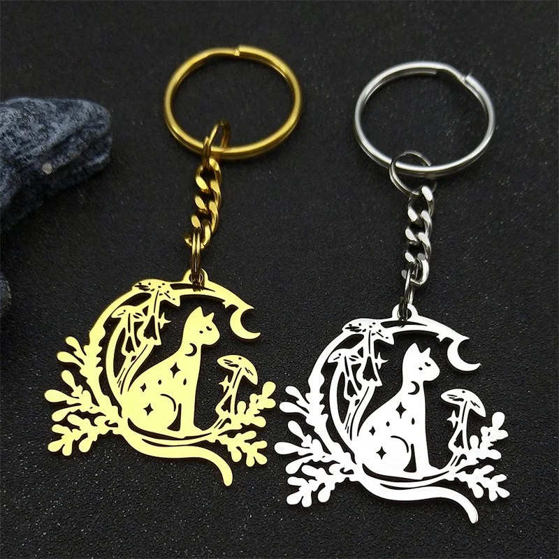 Schöne Katze mit Mond Stern Pilz Anhänger Schlüsselanhänger für Frauen Männer Edelstahl Gold Farbe Tier Pflanze Schlüsselanhänger Schmuck – Detail 7
