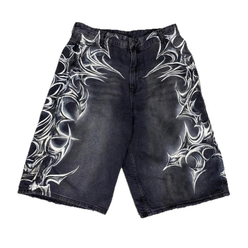 Mens Shorts Gothic Print Vintage Denim Harajuku Unisex Loose Fit Hip Hop Streetwear Summer Five Length Casual Fashion Trend New - 5