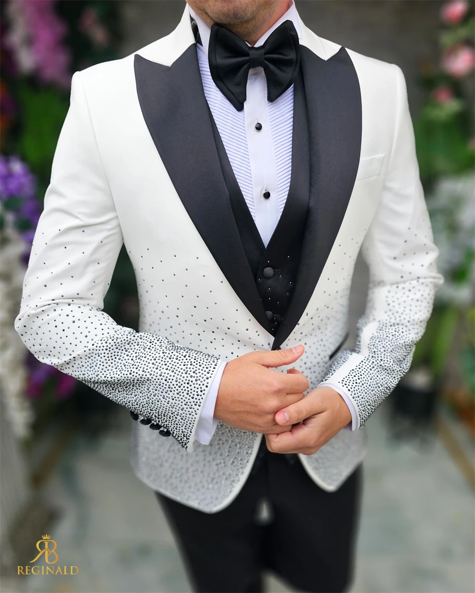 Luxury Beaded Men Suits for Gentleman Slim Fit Wedding Groom Tuxedo Italian Style Male Suit Jacket with Pants Vest