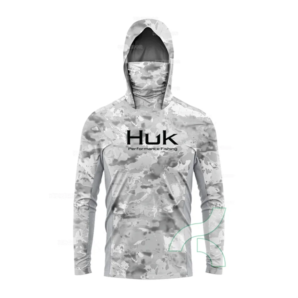 HUK-Camisa de pesca anti-UV manga comprida, camisas com capuz com máscara facial, proteção solar ao ar livre, roupas de pesca, UPF 50 Plus