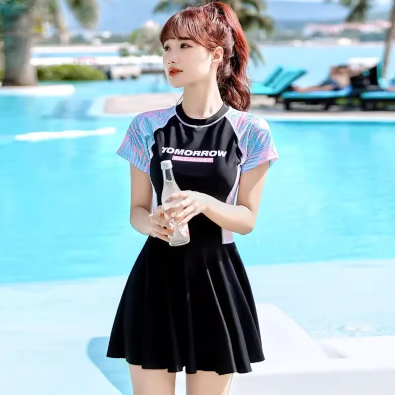 

Women Summer One Piece Skirt Style Swimwear Professional O Neck Short Sleeve Swimming Surfing Clothes Beach Vacation Suit