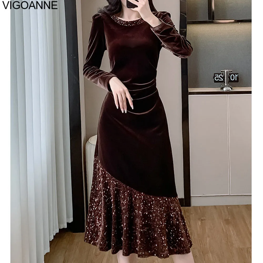 VigoAnne 2025 امرأة المرقعة فستان كوري ربيع الخريف كم طويل س الرقبة فستان سيدة مثير مساء حفلة فستان طويل ضيق