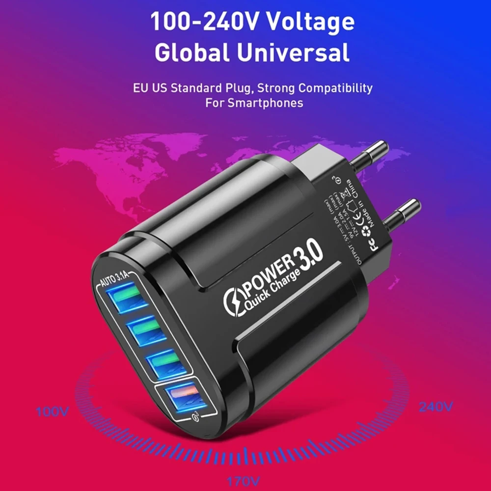 48W QC3.0 Quick Charger 4USB EU Standard Travel Portable 4 Port Fast Charging Suitable For Android iPhone Xiaomi Other Devices BEST SELLERS