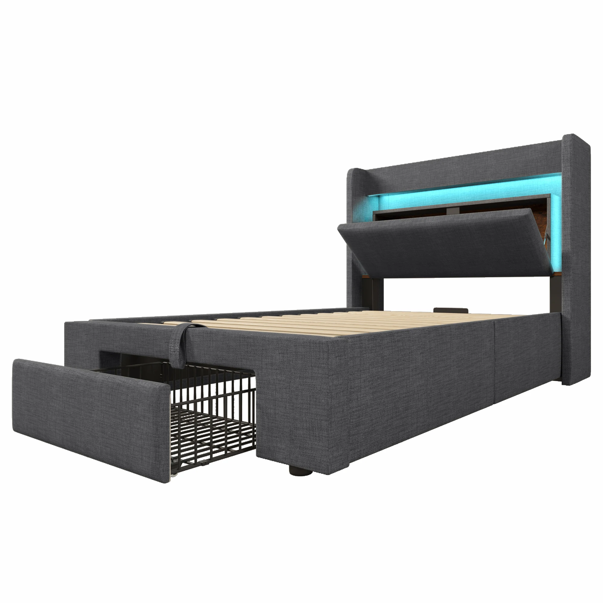 Polsterbett 90x200 cm mit hydraulischem Stauraum, Kopfteilfach, LED-Beleuchtung, USB-Anschlüssen und Matratze. – Detail 26