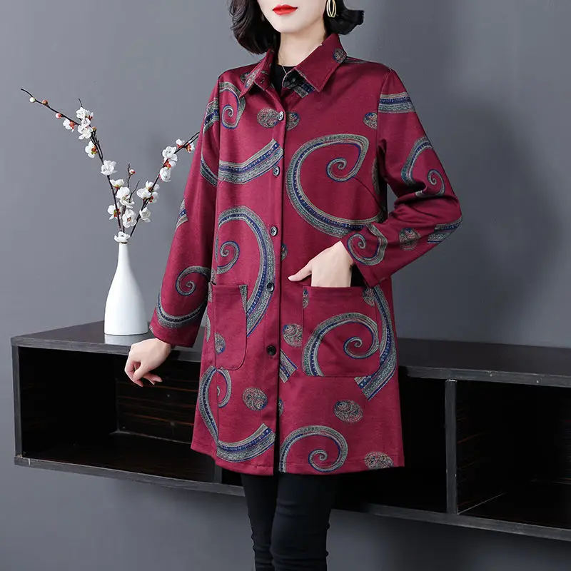 Women's Polo Neck Trench Spring and Autumn Midi Fashion 2023 New Middle-aged Trendy Printed Long Sleeved Pockets Cardigan Coat