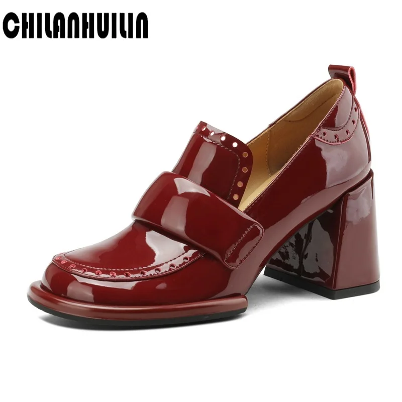 

fashion patent leather shoes woman pumps thick high heels shoes woman round toe designer shoes red party dress shoes nude pumps