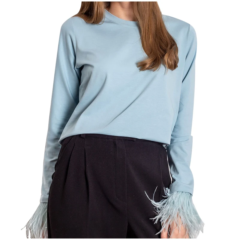Elegant Women Feather T-shirt O-neck Long Sleeve Y2K Loose Spring Summer Ladies T-shirts 2022 Fashion Blue Top Tee Pullovers summer crop top