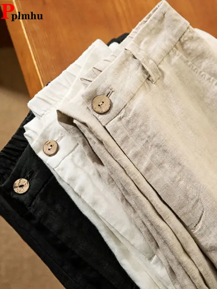

Korean Wide Leg Pants Ladies Cotton Linen Oversize Straight Trousers White High Waist Zipper Pantolon Women Casual Loose Spodnie