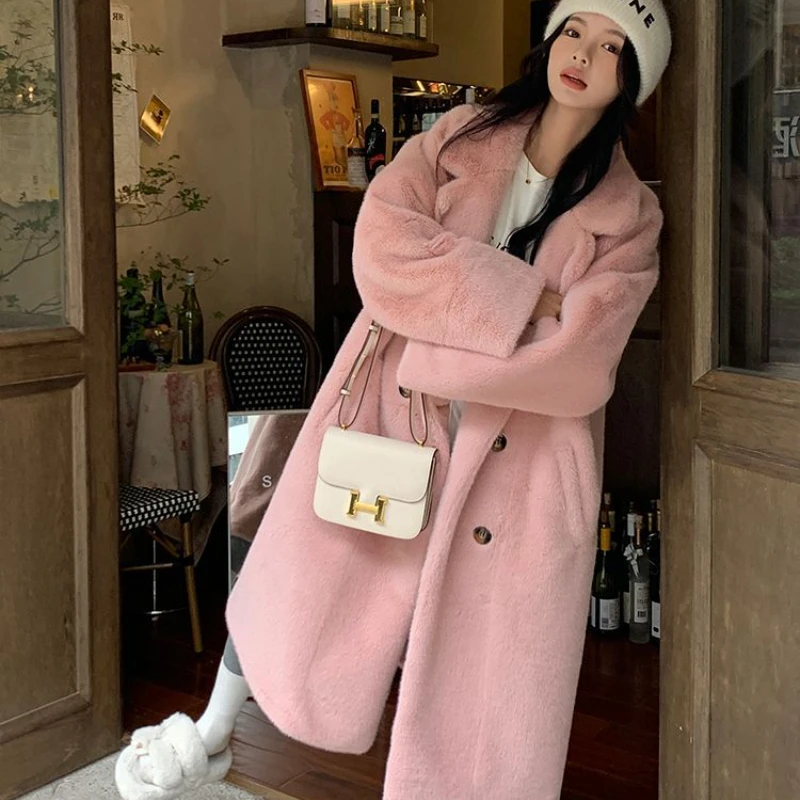 2023 Autumn Winter New Long Loose Thick Suit Collar Long Style Temperament New Environmental Fur Imitation Mink Coat Woman
