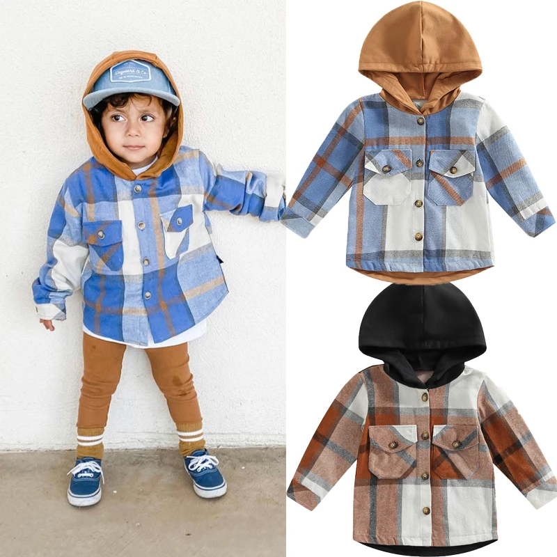 FOCUSNORM 4 Colors 1-6Y Autumn Kids Boys Causal Shirts Coat Plaid Printed Patchwork Long Sleeve Single Breasted Hooded Tops