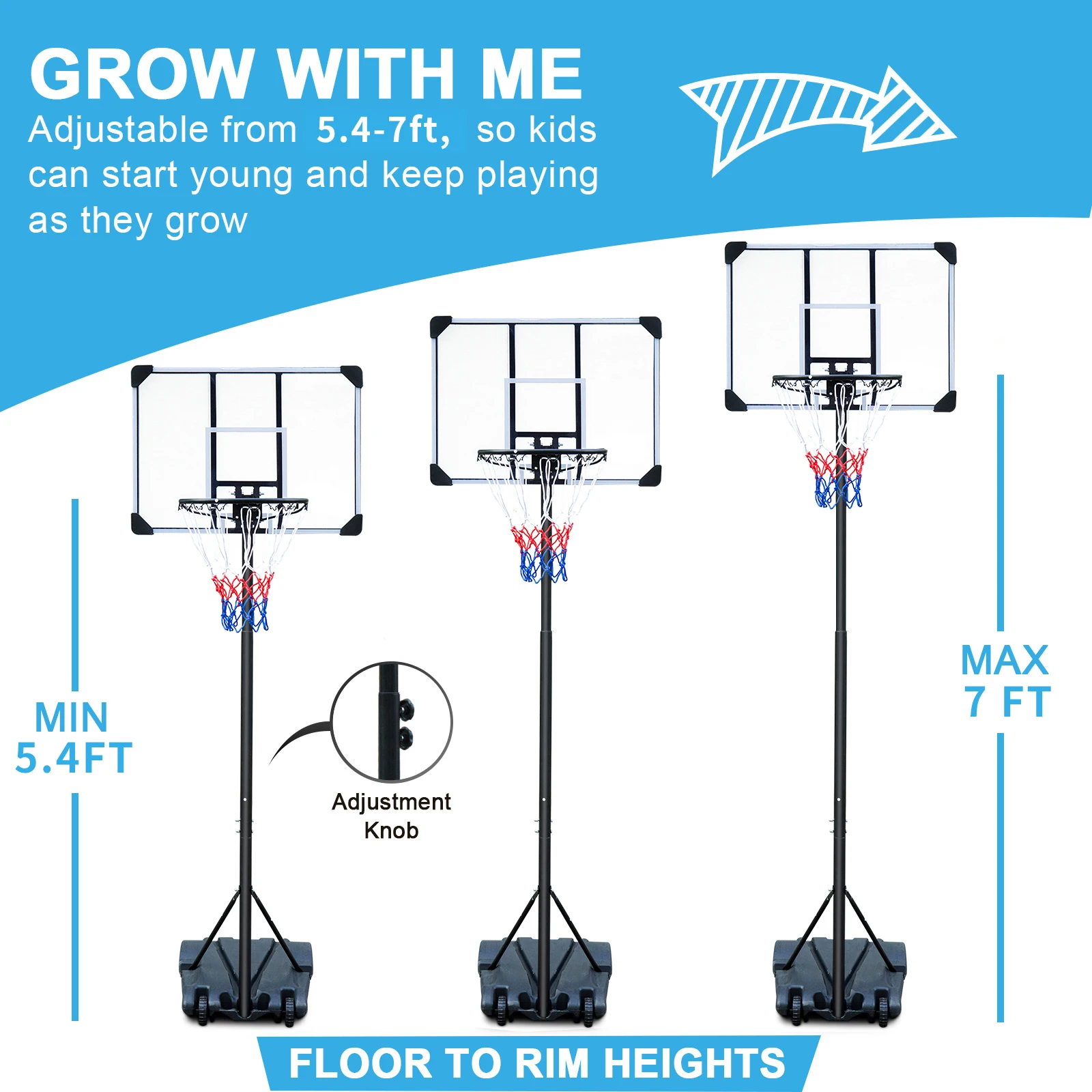Portable Basketball Hoop Stand w/Wheels for Kid Youth Adjustable Height 5.4ft-7ft Use for Indoor Outdoor Basketball Goals Play