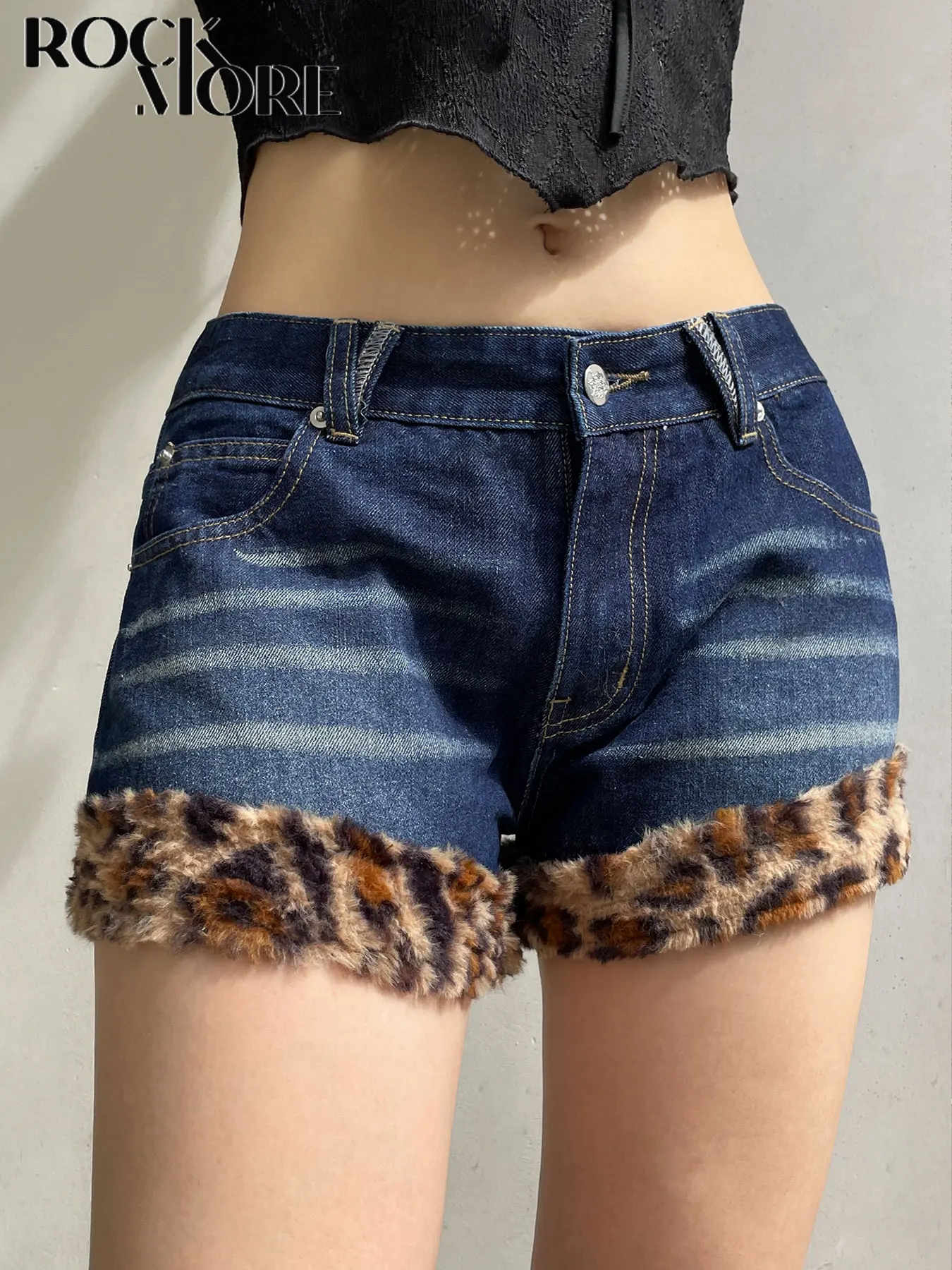 

Rockmore Wholesale Retro Leopard Print Patchwork Shorts Y2k Streetwear Slim Jean Pants Low Rise Buttons Short Pants New Trousers