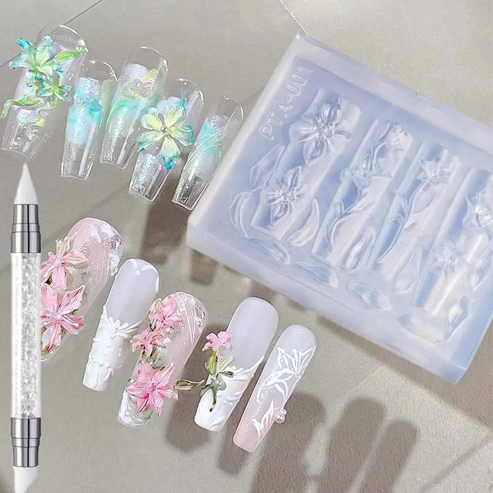 3D 꽃 네일 아트 실리콘 스텐실 조각 릴리 플루메리아 사쿠라 하와이 히비스커스 꽃잎 모델링 몰드 네일 스텐실 도구 포함 