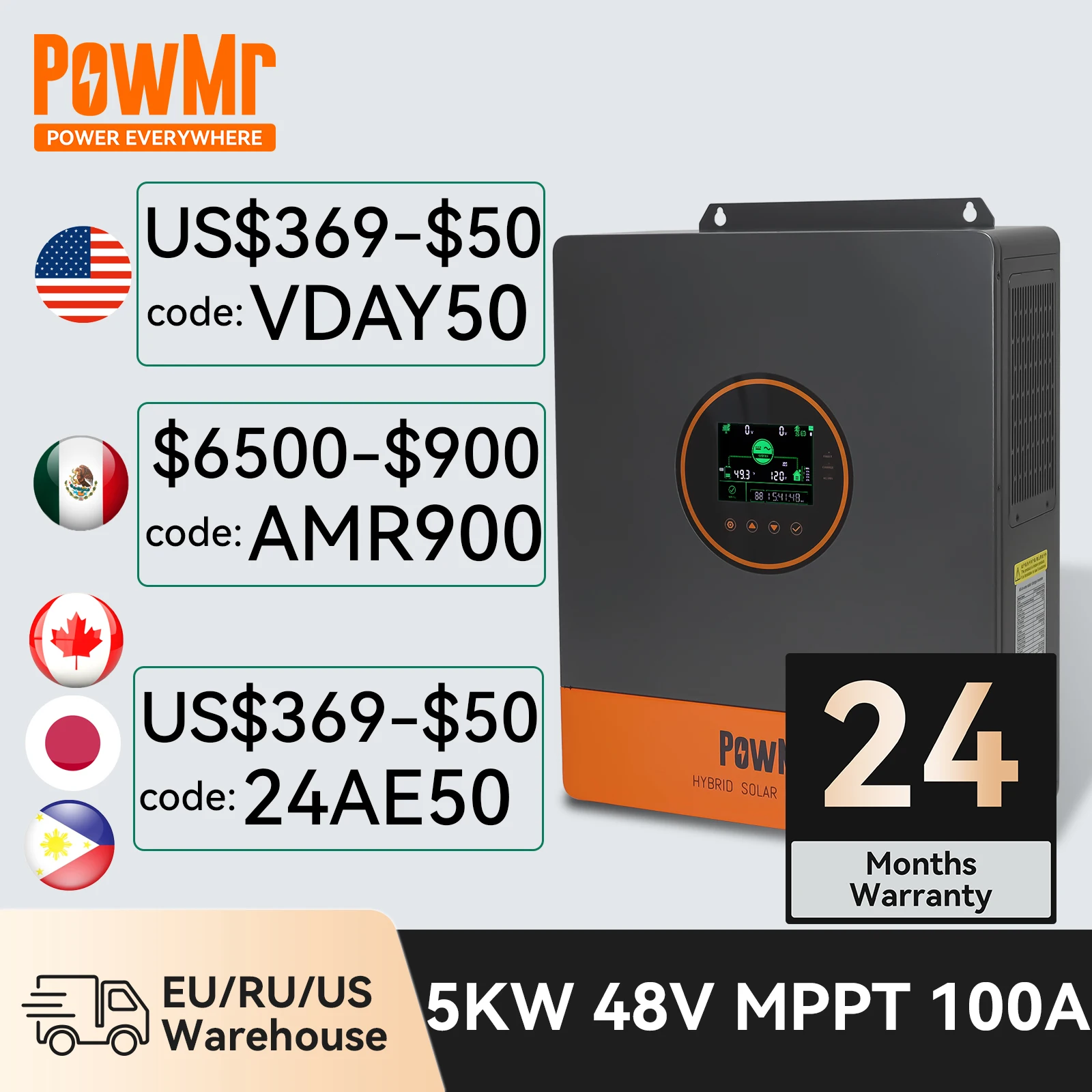 Powmr Split-Phase 120V 208V 240V Inverter Solare Necessita Di Parallelo In 2 Unità 5Kw 48V On Grid Off Grid Inverter Ibrido Mppt