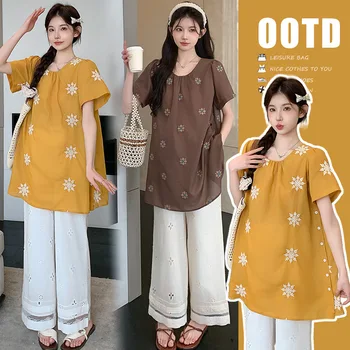 Maternity Set Summer Loose Breathable Elegant Temperament Embroidered Short Sleeve Top And Straight Wide Leg Pants For Pregnancy
