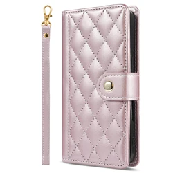 Luxurious 3D Grid Leather Wrist Strap Phone Wallet Case with Card Flip Cover - iPhone SE (2020) (PY - XF - rose gold)