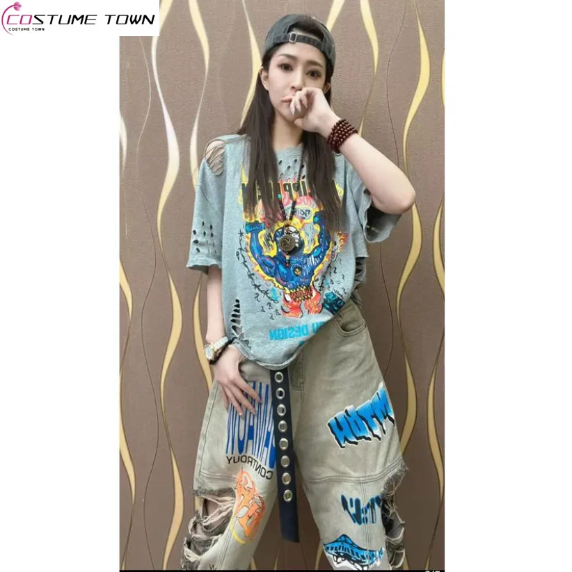 jeans women s loose korean version of the spring new high waisted wild super thin straight daddy harlan pants trend European Station 2023 Spring/Summer New Hollow Out Slim T-shirt+Printed Hole Denim Harlan Pants Show Slim Trend