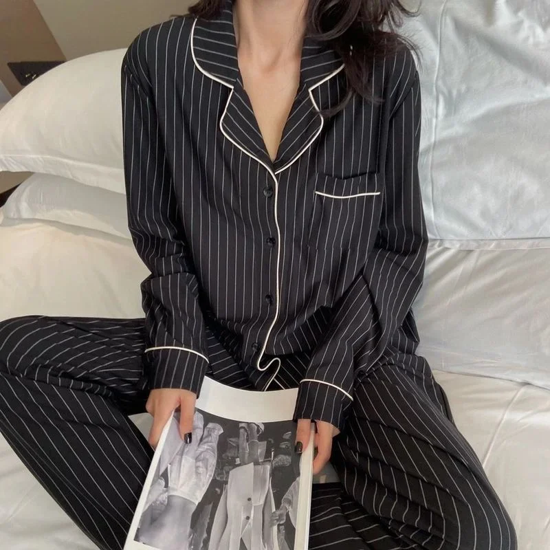 

Striped Pajama Set Women Autumn Brief Set Two Piece Pijama Sleepwear Winter Pyjamas Couple Bedroom Loungewear Home Clothes