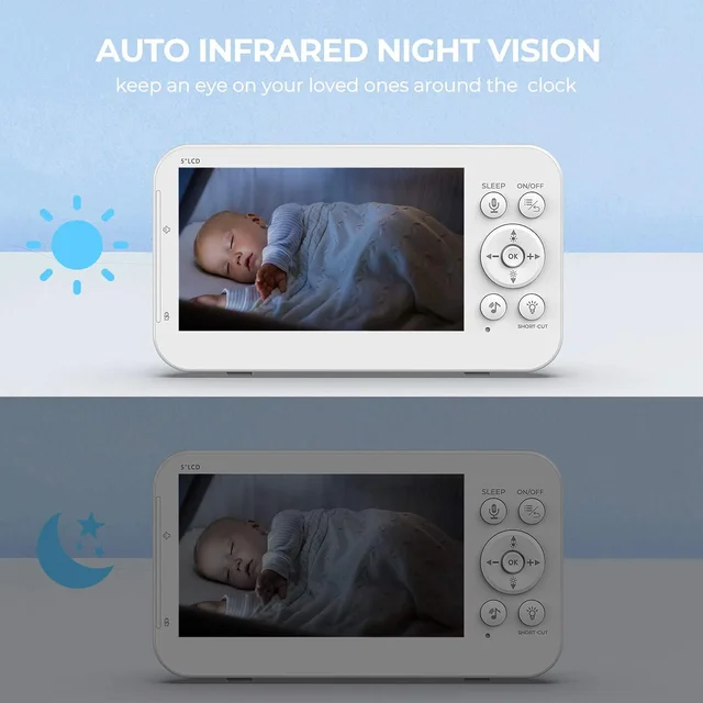 Baby Monitor Wireless 5'' Screen Security Protection Video Surveillance Mother Kids Two Way Audio 5200mAh Battery Indoor Camera 3