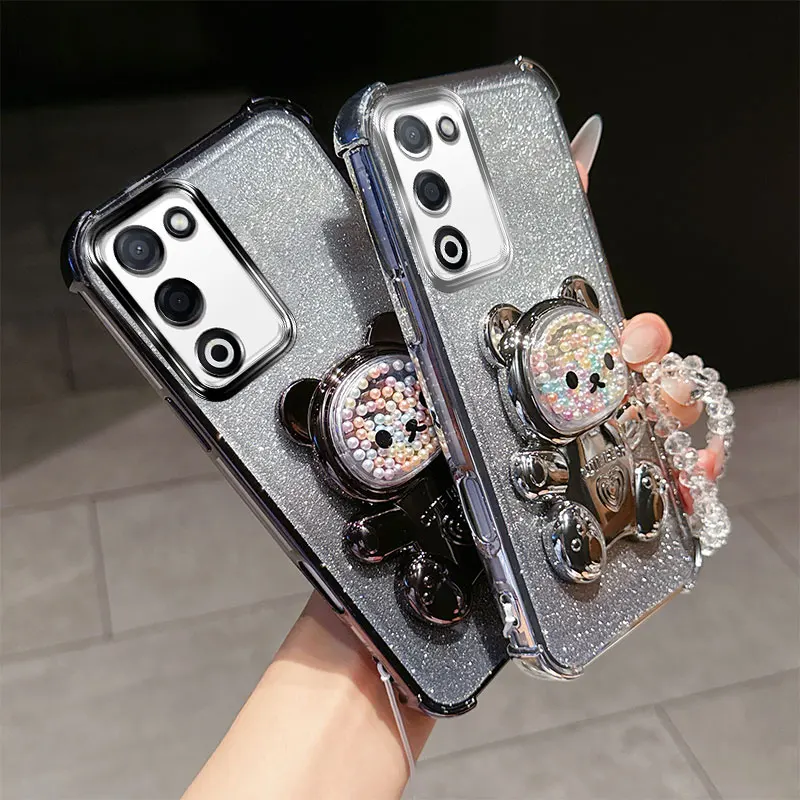 Shockproof Phone Case with 3D Bear Stand & Glitter Chain Lanyard