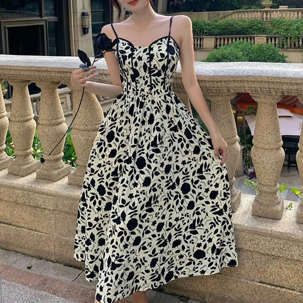

Elegant Suspender Dress Elegant Vintage Floral Print Midi Dress for Women V-neck Summer Party Dress with High Waist for Evening
