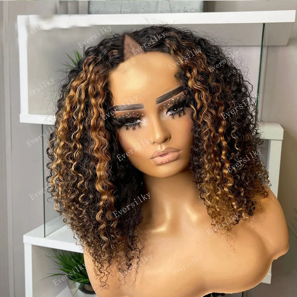 Highlight Blonde V Part 100% Human Hair Wigs Ombre Black Bouncy Curly Unprocessed Wig Glueless Kinky Curl Full 1X4 U Shape Open