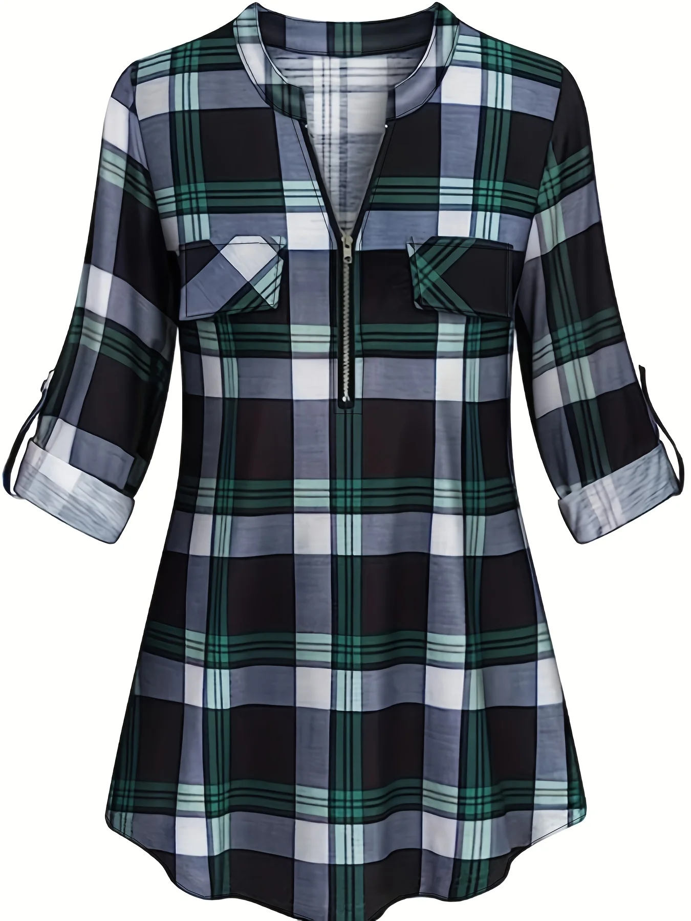 Plus-Size-Casual-Shirt-Women-s-Plus-Plaid-Print-Long-Sleeve-Round-Neck ...