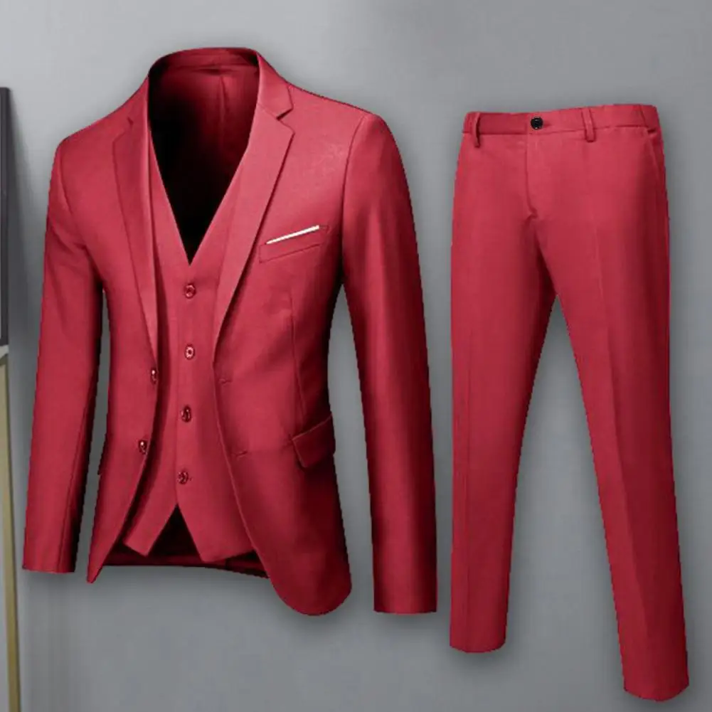 

Men Slim Fit Suit Set Men Suit Set Formal Business Office Men's Suit Set Slim Fit Solid Color Anti-wrinkle Jacket Vest for Groom