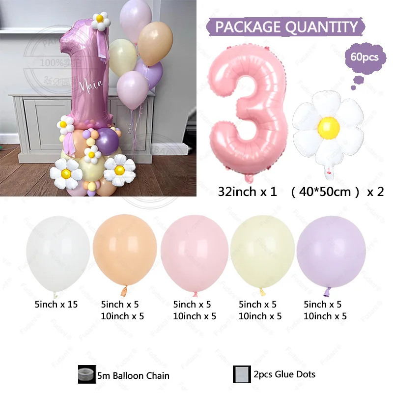 생일 웨딩 신부 샤워용 화이트 데이지 풍선 기둥 세트, 마카롱 라텍스 글로보, 32 인치 핑크 번호, 60 개