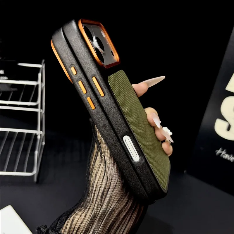 ELVEV Magnetic Luxury Carbon Fiber Pattern Color Blocking Leather Phone Case