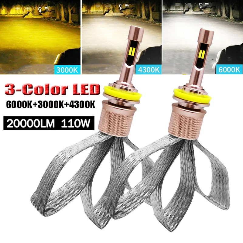 

2PCS Tricolor H7 LED Headlight H8 H11 H4 9005 9012 D2H H1 Auto Lamp 6000K 3000K 4300K Bulb HB3 HB4 9006 H3 881 LED Fog Light 12V