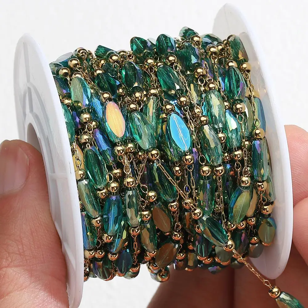2 Meter 1 Meter grüner Naturstein Edelstahl Kristall Perlenkette für Halskette Armband Pullover Kette Schmuckherstellung DIY – Detail 1