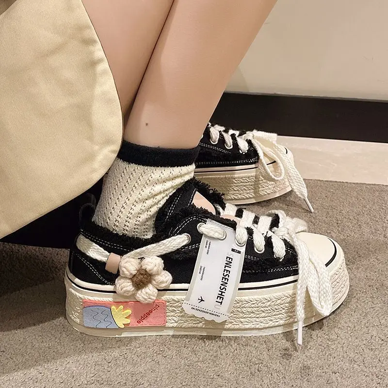 Classic Womens Style Breathable Floral Canvas Shoes Autumn Thick Platform All-match Student Sneakers Zapatillas Mujer