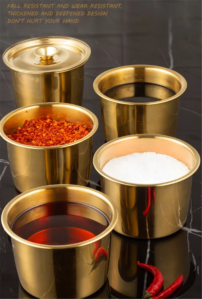 gold round Seasoning tank cup bowl 304 stainless steel basin with lid olive oil bottle salt pepper container storage spice jars