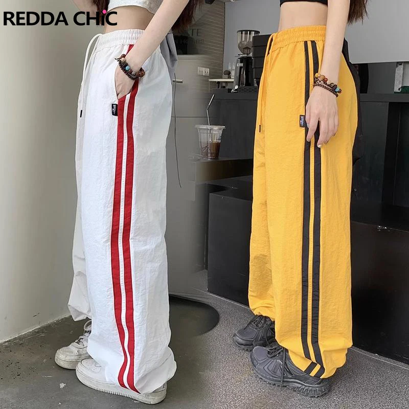 

REDDACHiC Striped Drawstring Waist Parachute Pants for Women Dancer Casual Wide Leg Bicolor Hip-hop Ladies Trousers Streetwear