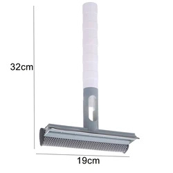 Triple-Action Window & Mirror Cleaning Brush with Integrated Spray and Dual-Sided Squeegee (Blue Brush)