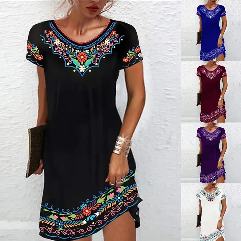 

2023 Women's Casual Dress Ethnic Dress Shift Dress Mini Dress Short Sleeve Floral Print Summer Crew Neck Loose Fit