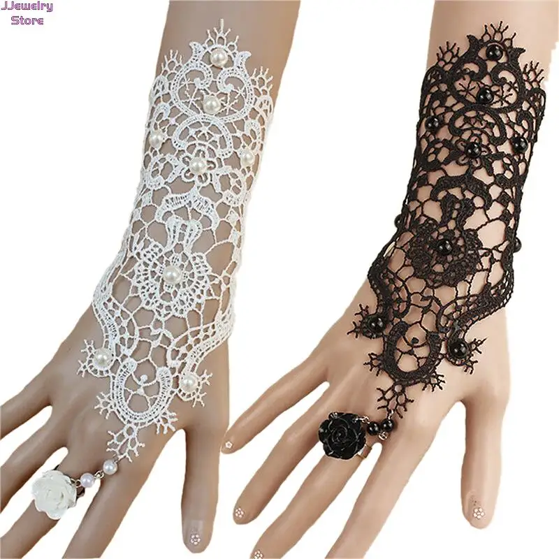 

1pc Women Rose Beads Flower Lace Glove Goth Style Adjustable With Ring Long Bracelet Women Accessories