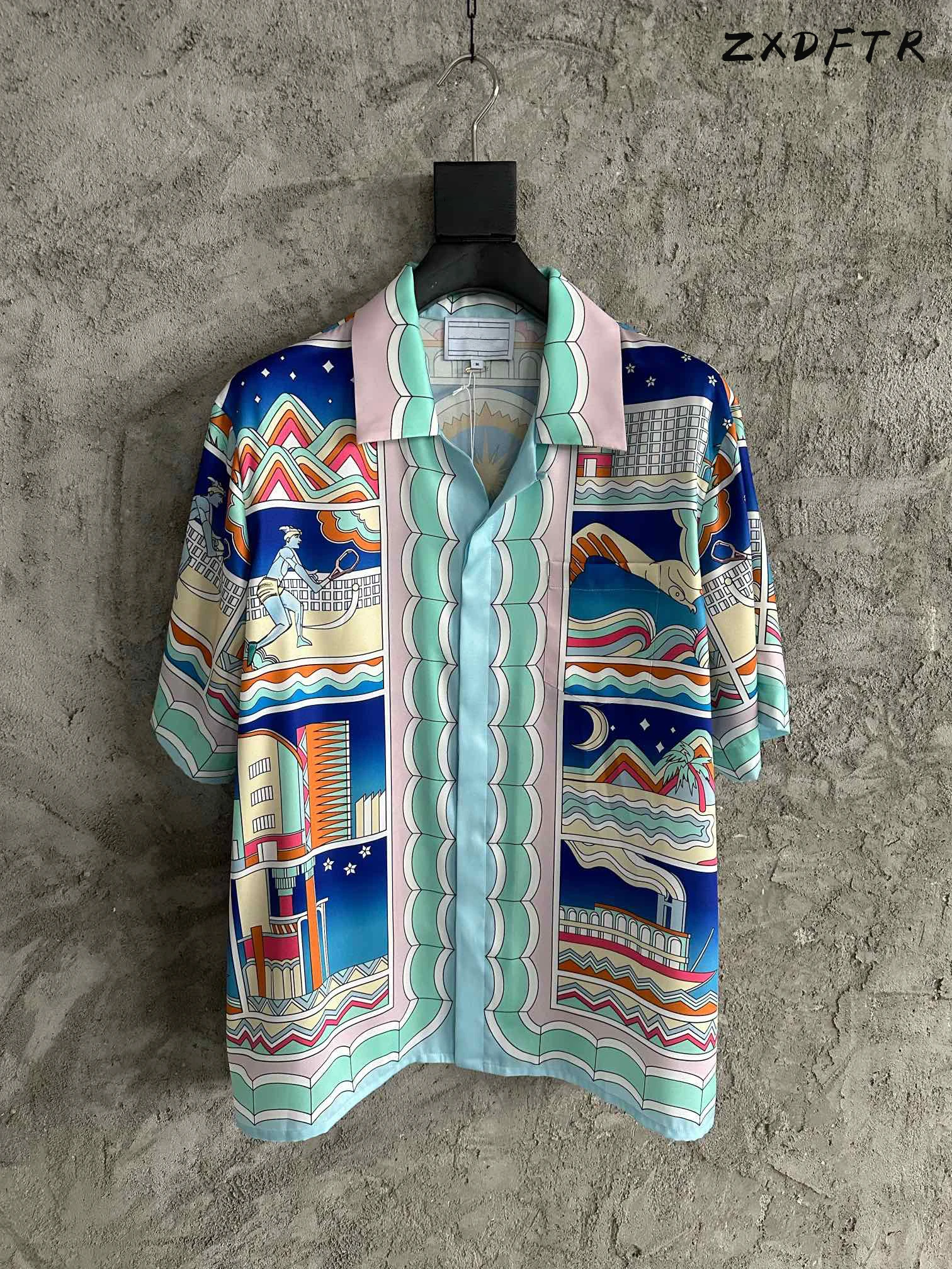 

ZXDFTR 2023SS Summer MenCity Pattern Silk Short Sleeve Shirt