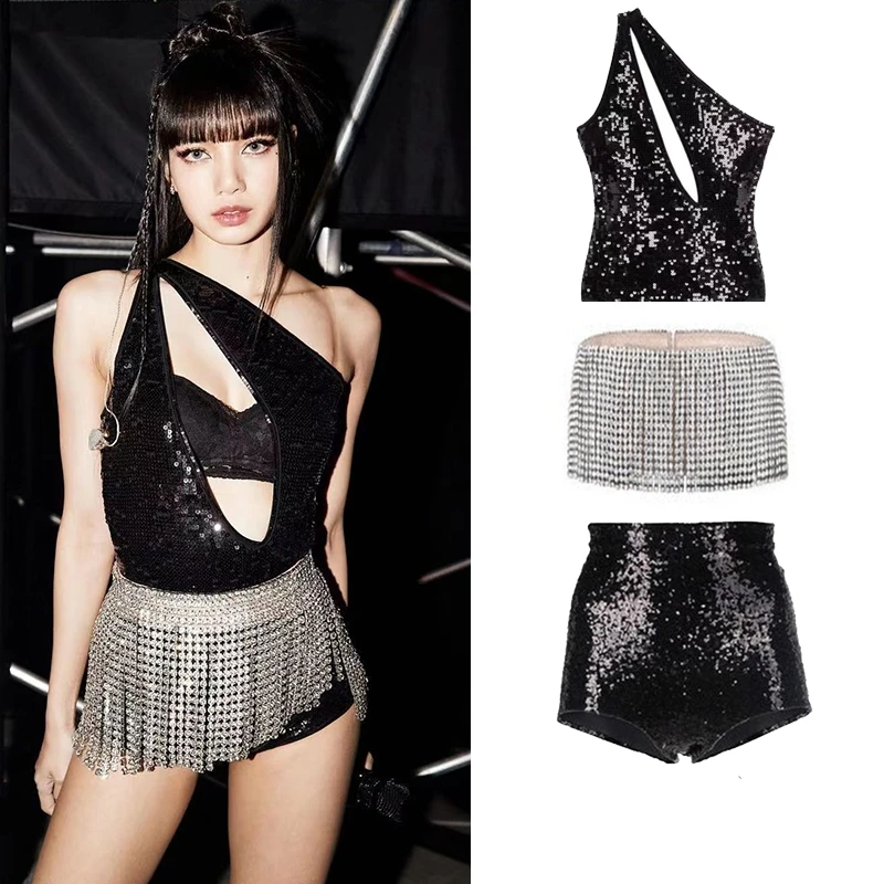 

Kpop Girl Group LISA Women Nightclub Shiny Skirt Concert Outfits Jazz Dancewear Stage Costume Sexy Slim Vest Festival Rave Wear