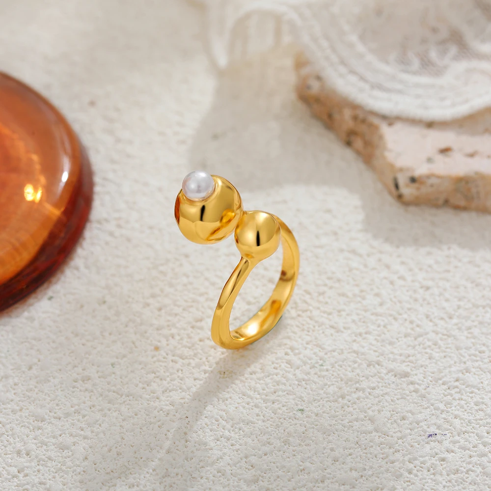18K Gold Plated PVD Thick Metal Ball Open Knuckle Ring Unique Stainless Steel Imitation Pearl Rings Everyday Fashion Jewelry New