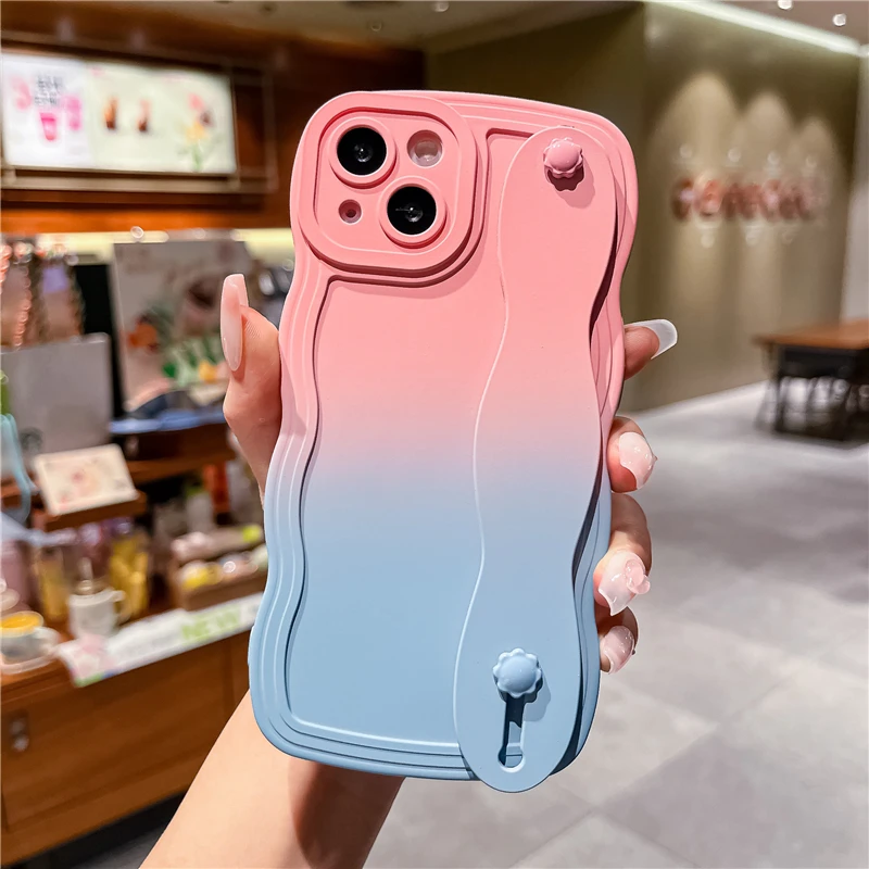 Custodia sfumata in silicone liquido con cinturino da polso Ins per iPhone 13 12 MiNi 11 Pro XS Max XR X 14 Plus Soft Phone_voghion.com