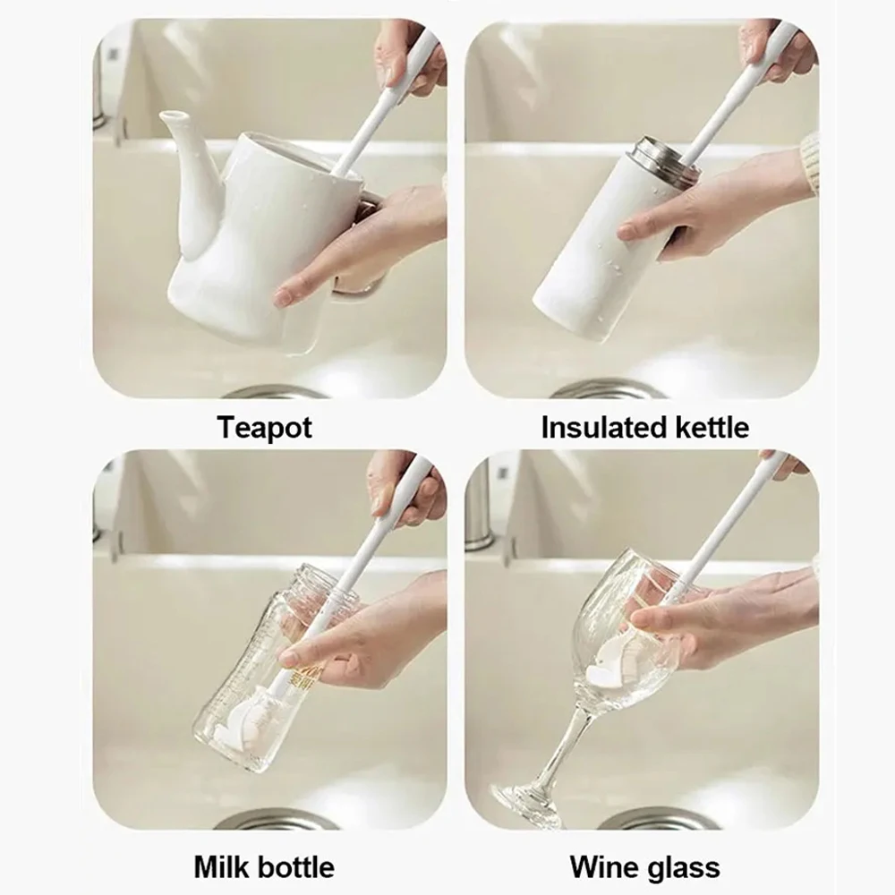 Silicone Long-Handled Folding Cup and Bottle Cleaning Brush - White