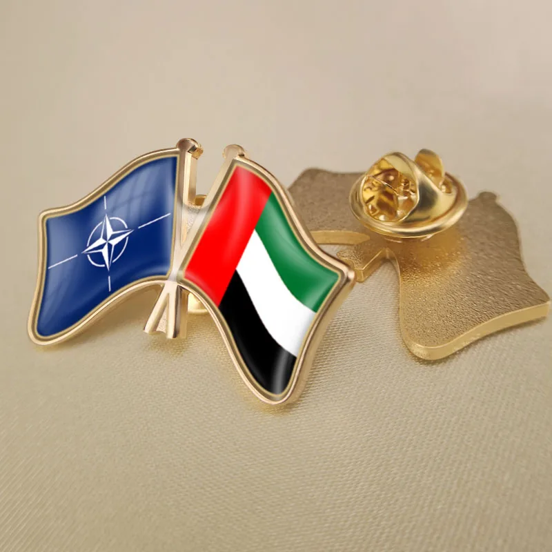 

North Atlantic Treaty Organization NATO and United Arab Emirates Crossed Double Friendship Flags Lapel Pins Brooch Badges