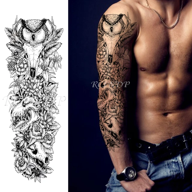 Waterproof Temporary Tattoo Sticker Owl Dinosaur Fossil Flower Leaf Black  Full Arm Fake Tatto Flash Sleeve Tatoo for Men Women|Temporary Tattoos| -  AliExpress