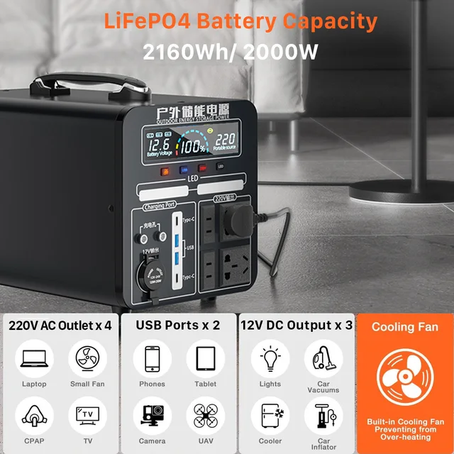 BYGD Portable Power Station 2000W Solar Electric Generator Fast Charging 220V Powerful Power Banks 2160Wh Lifepo4 Battery 12V DC 2