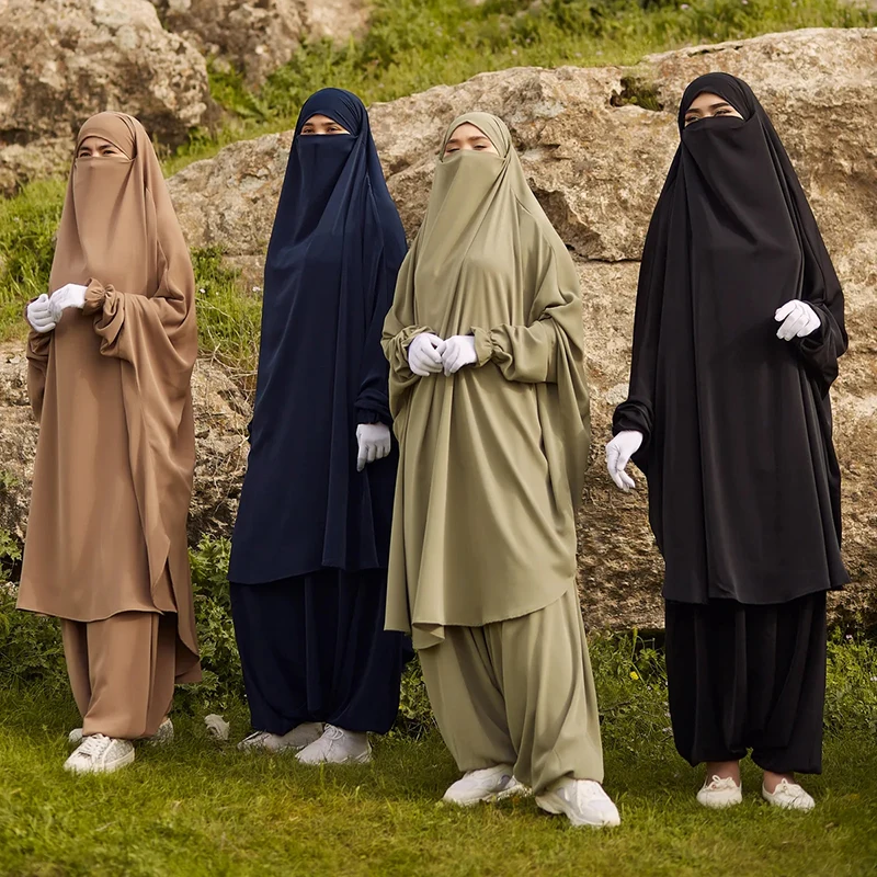 Dva kusu džilbáb harém kalhot s niqab struna vysoký kvalita nida EID ramadánu modlitba sportovní hidžáb khimar ženy islámské šatstvo