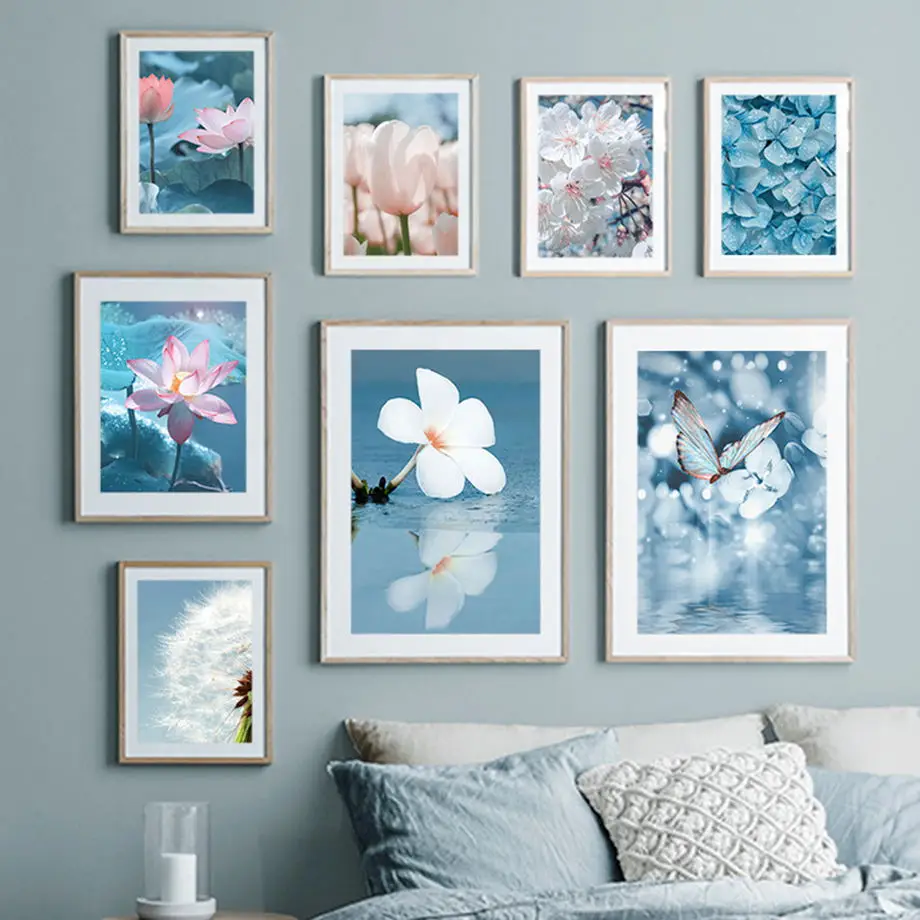 

Poster Blue Tones Flower Lotus Tulip Dandelion Landscape Wall Art Print Canvas Painting Aesthetic Pictures For Living Room Decor