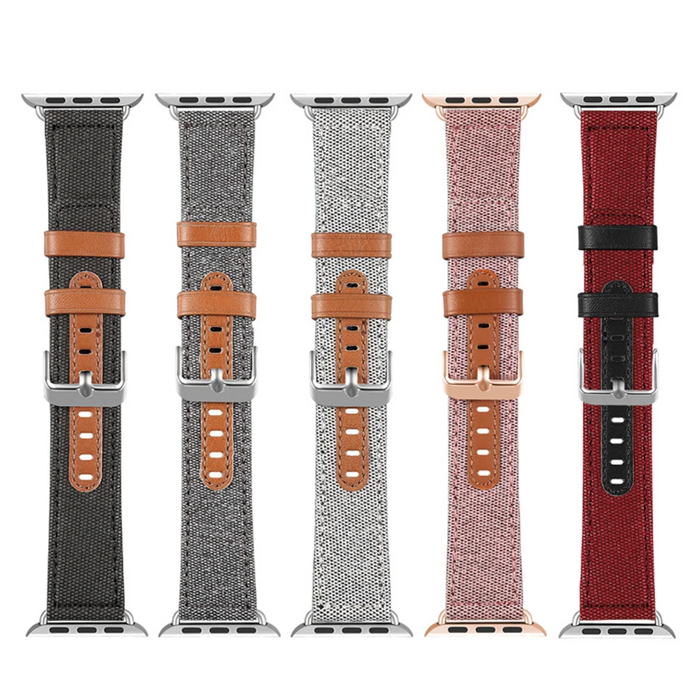 

Canvas Genuine Leather watch strap For Apple Watch band 44mm 40mm iwatchstrap 42mm 38mm watchbands applewatch 4 3 5 se 6